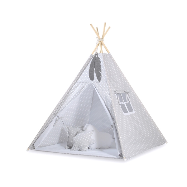 Tente de Tipi + Plumes Décoratives Gris à Pois