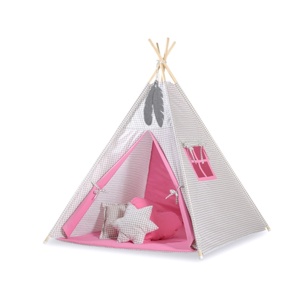 Tente de Tipi + Plumes Décoratives Rose Gris à Carreaux