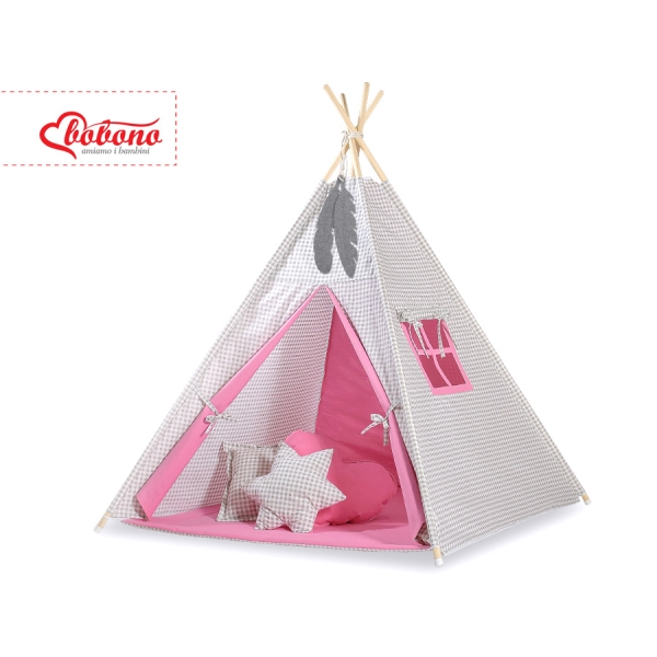 Tente de Tipi + Plumes Décoratives Rose Gris à Carreaux