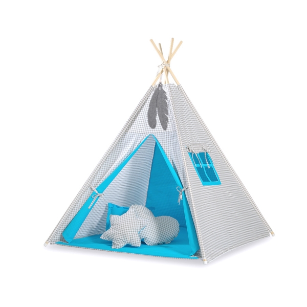 Tipi pour Enfant avec Plumes Décoratives Gris Turquoise à Carreaux