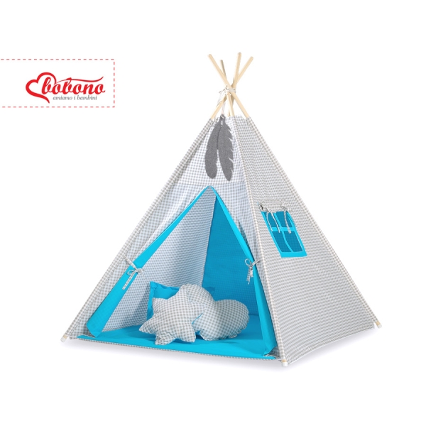Tipi pour Enfant avec Plumes Décoratives Gris Turquoise à Carreaux