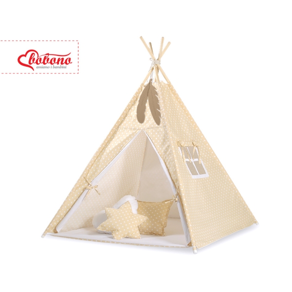 Tipi pour Enfant avec Tapis de Sol et Plumes Décoratives Beige à Pois