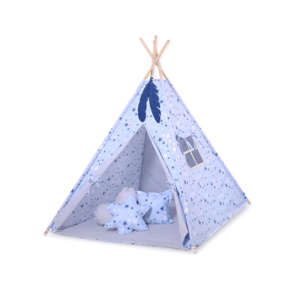 Tipi pour Enfant avec Tapis de Sol et Plumes Décoratives Bleu Gris étoiles