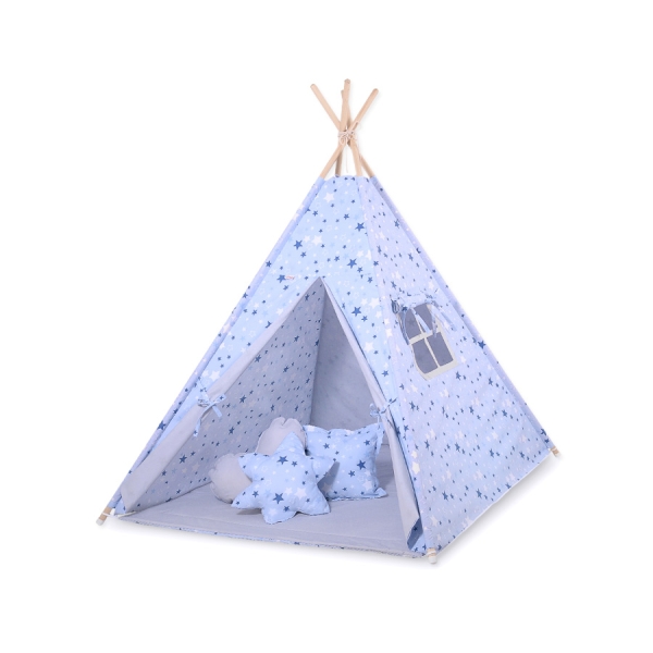 Tipi pour Enfant avec Tapis de Sol et Plumes Décoratives Bleu Gris étoiles