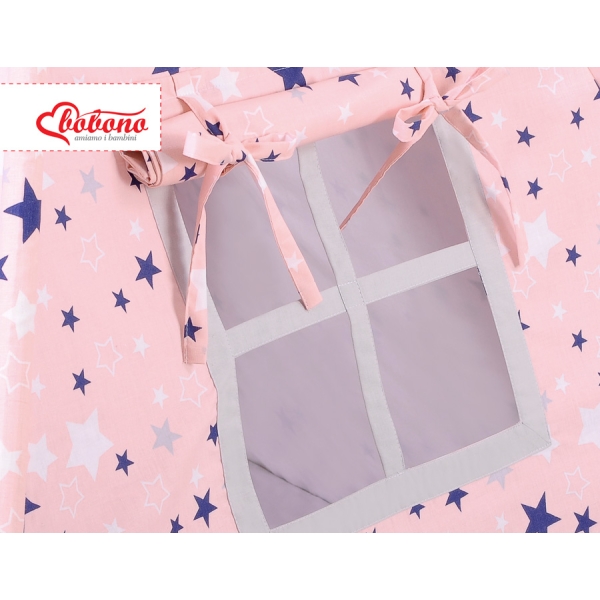 Tipi pour Enfant avec Tapis de Sol et Plumes Décoratives Bleu Rose Gris étoiles