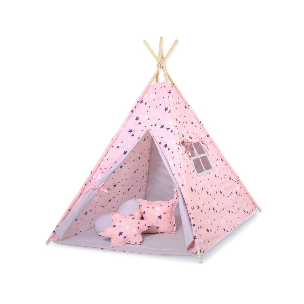 Tipi pour Enfant avec Tapis de Sol et Plumes Décoratives Bleu Rose Gris étoiles