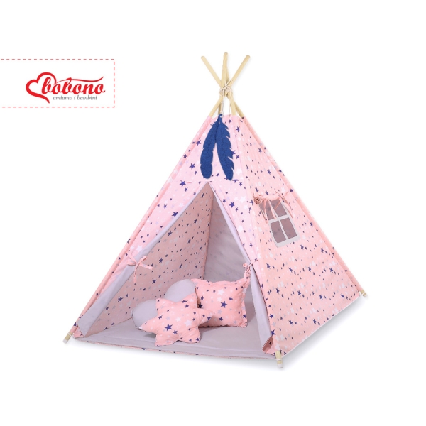 Tipi pour Enfant avec Tapis de Sol et Plumes Décoratives Bleu Rose Gris étoiles