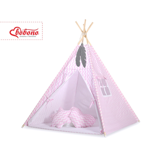 Tipi pour Enfant avec Tapis de Sol et Plumes Décoratives Rose Chevron