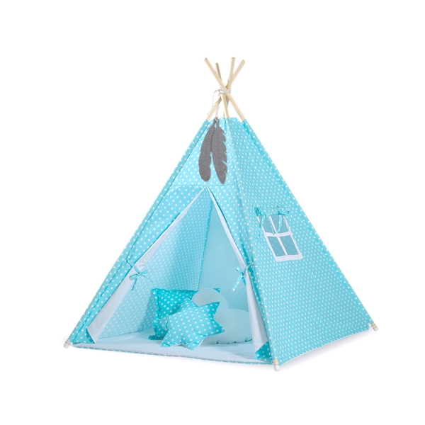 Tipi pour Enfant avec Tapis de Sol et Plumes Décoratives Turquoise à Pois