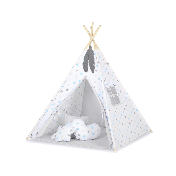Tipi pour Enfant + Plumes Décoratives Bleu Gris étoiles