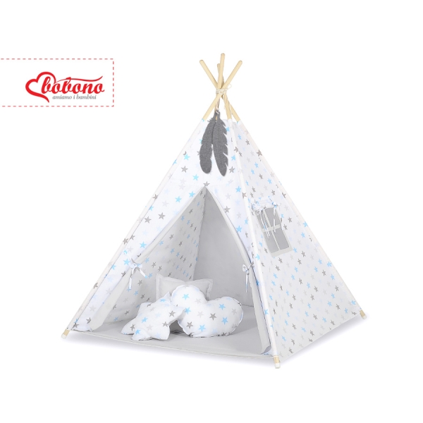 Tipi pour Enfant + Plumes Décoratives Bleu Gris étoiles