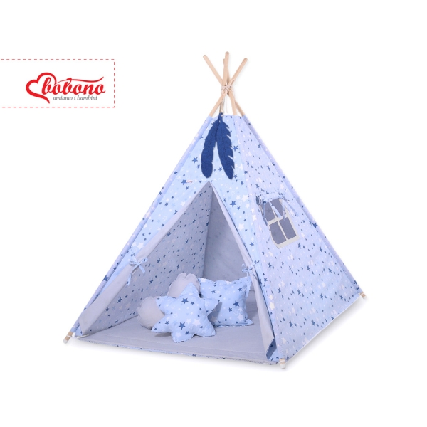 Tipi pour Enfant + Plumes Décoratives Bleu Gris étoiles