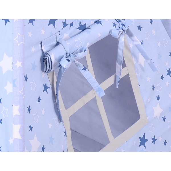 Tipi pour Enfant + Plumes Décoratives Bleu Gris étoiles