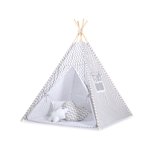 Tipi pour Enfant + Plumes Décoratives Gris Chevron