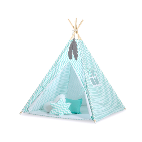 Tipi pour Enfant + Plumes Décoratives Menthe Chevron
