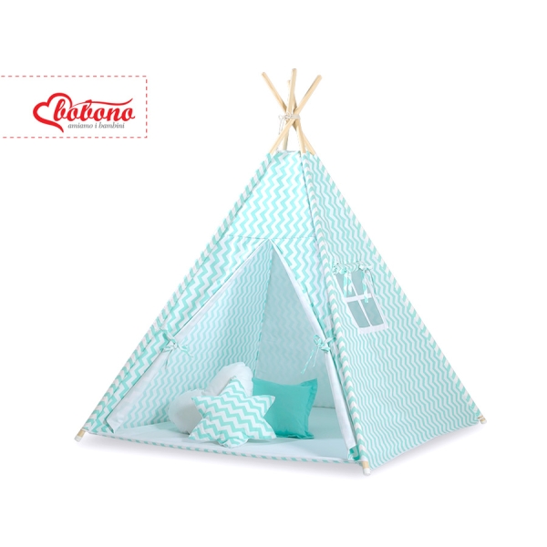 Tipi pour Enfant + Plumes Décoratives Menthe Chevron