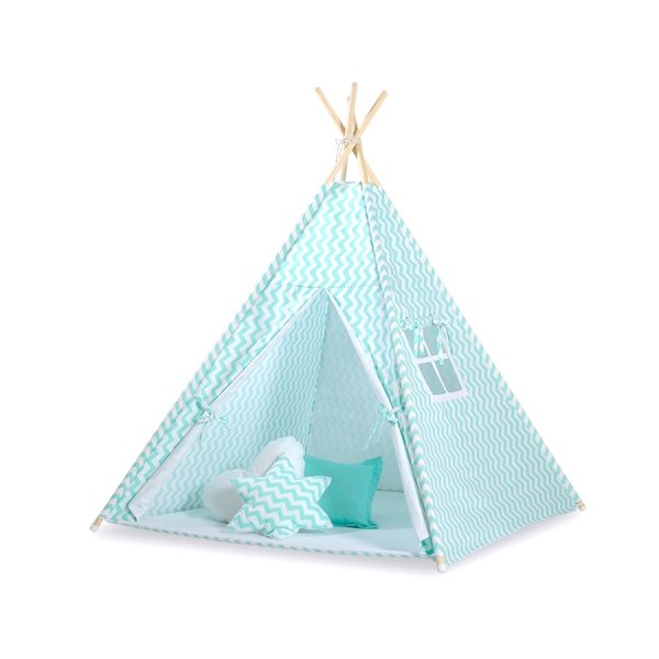 Tipi pour Enfant + Plumes Décoratives Menthe Chevron