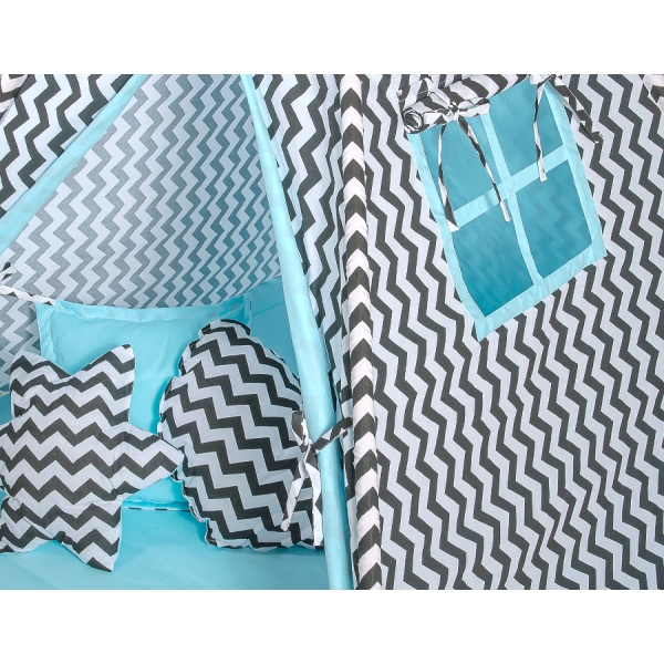 Tipi pour Enfant + Plumes Décoratives Noir Bleu Chevron