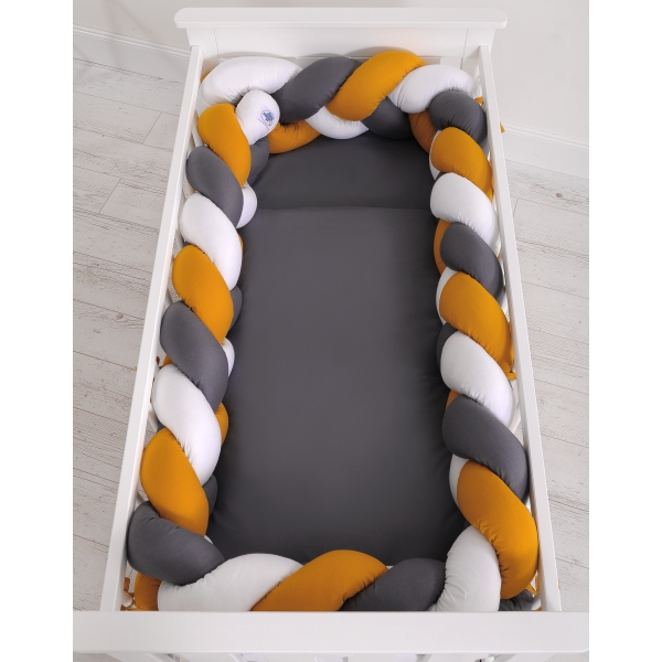 Tour de Lit Bébé Tressé 360cm Anti-chocs Blanc Anthracite Miel
