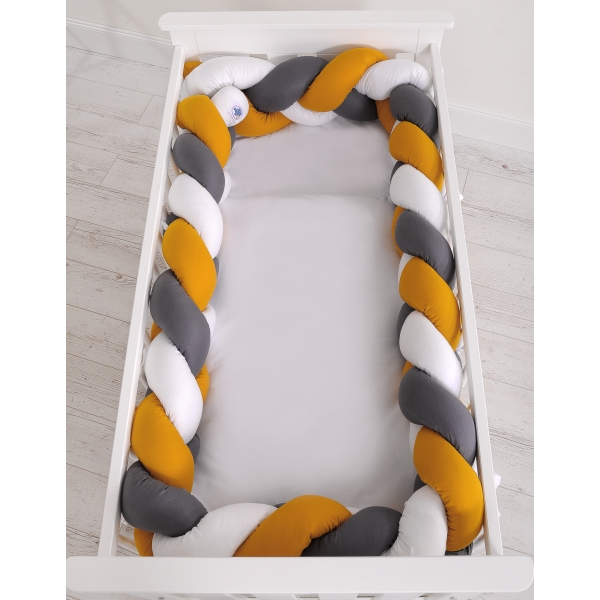 Tour de Lit Bébé Tressé 360cm Anti-chocs Blanc Anthracite Miel