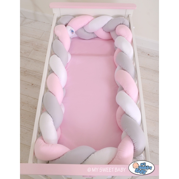 Tour de Lit Bébé Tressé 360cm Anti-chocs Rose Blanc Gris