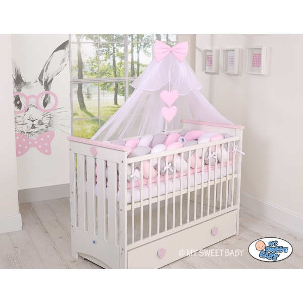 Tour de Lit Bébé Tressé 360cm Anti-chocs Rose Blanc Gris