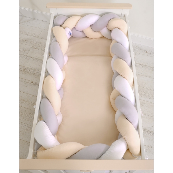 Tour de Lit Bébé Tressé Extra Long 3,6m Blanc Gris Beige