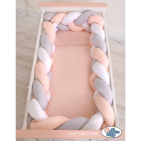 Tour de Lit Bébé Tressé Extra Long 3,6m Blanc Gris Rose Poudré