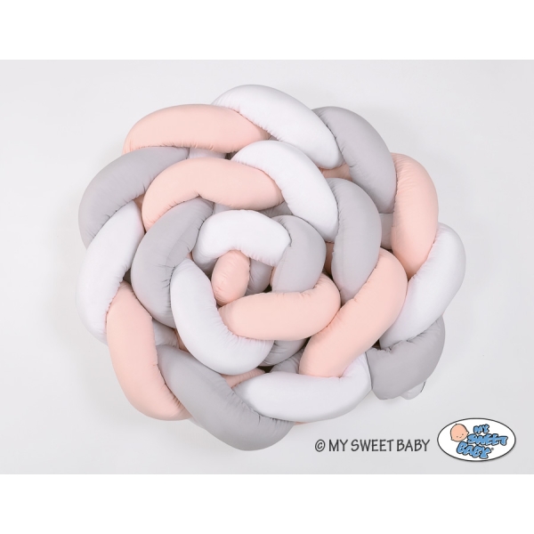 Tour de Lit Bébé Tressé Extra Long 3,6m Blanc Gris Rose Poudré
