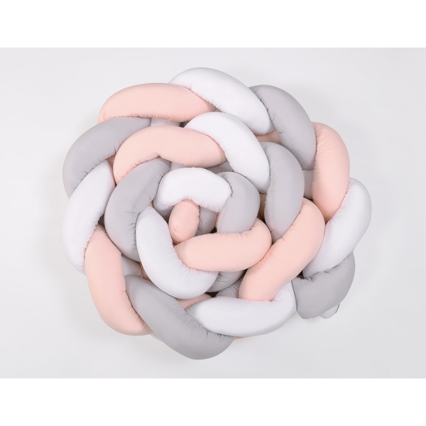 Tour de Lit Bébé Tressé Extra Long 3,6m Blanc Gris Rose Poudré