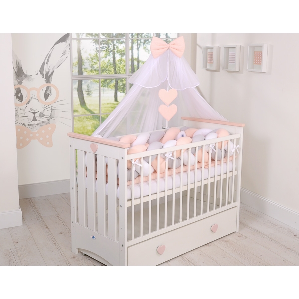 Tour de Lit Bébé Tressé Extra Long 3,6m Blanc Gris Rose Poudré