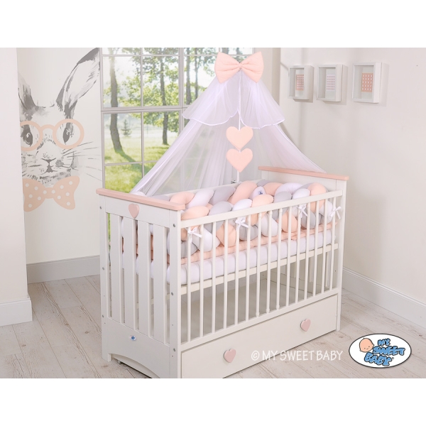 Tour de Lit Bébé Tressé Extra Long 3,6m Blanc Gris Rose Poudré