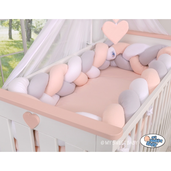 Tour de Lit Bébé Tressé Extra Long 3,6m Blanc Gris Rose Poudré