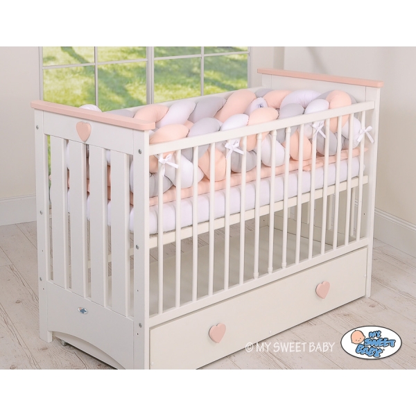 Tour de Lit Bébé Tressé Extra Long 3,6m Blanc Gris Rose Poudré