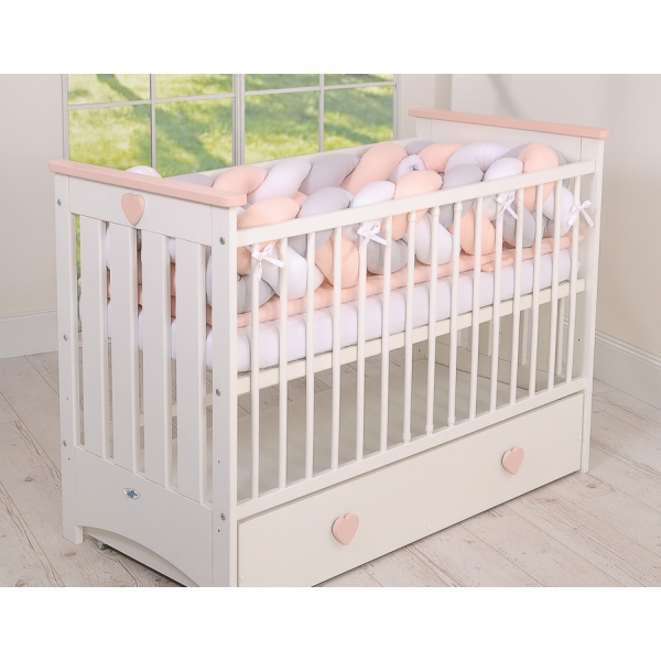 Tour de Lit Bébé Tressé Extra Long 3,6m Blanc Gris Rose Poudré