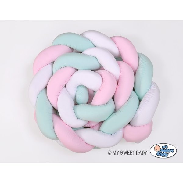 Tour de Lit Bébé Tressé Extra Long 3,6m Menthe Rose Blanc