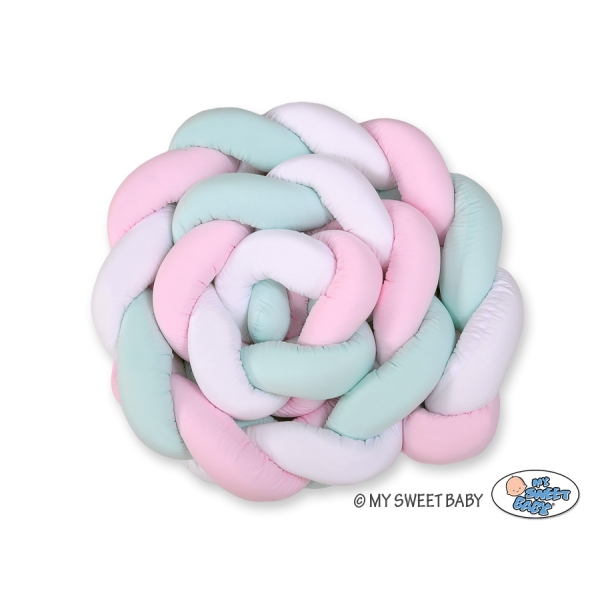 Tour de Lit Bébé Tressé Extra Long 3,6m Menthe Rose Blanc