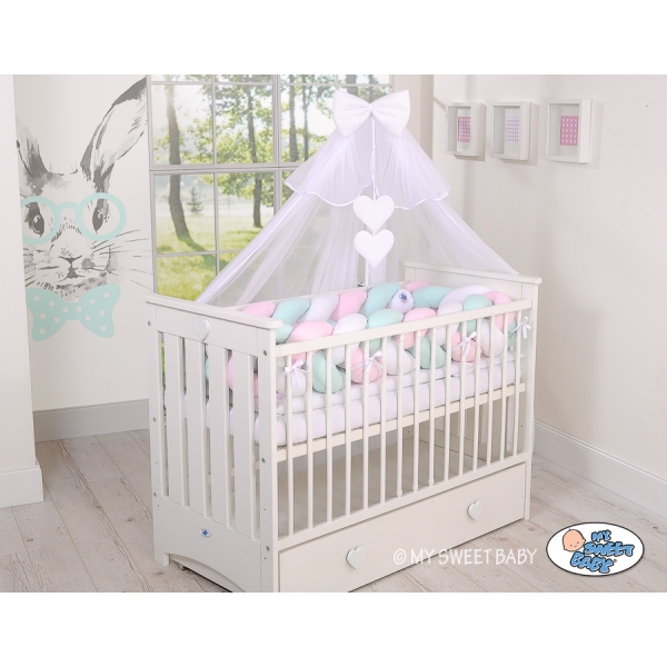 Tour de Lit Bébé Tressé Extra Long 3,6m Menthe Rose Blanc