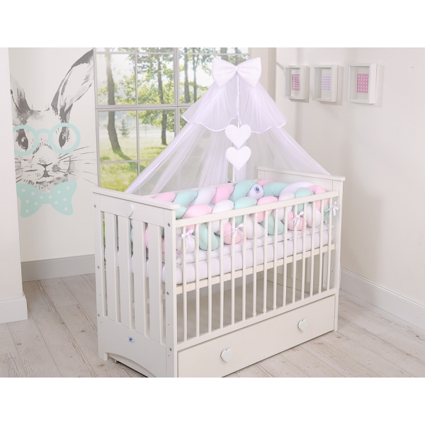 Tour de Lit Bébé Tressé Extra Long 3,6m Menthe Rose Blanc