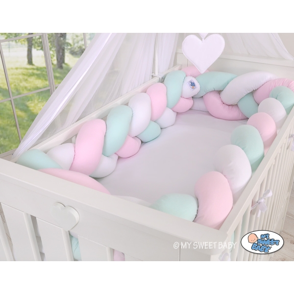 Tour de Lit Bébé Tressé Extra Long 3,6m Menthe Rose Blanc