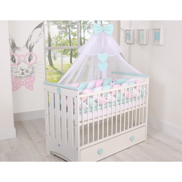 Tour de Lit Bébé Tressé Extra Long 3,6m Menthe Rose Blanc