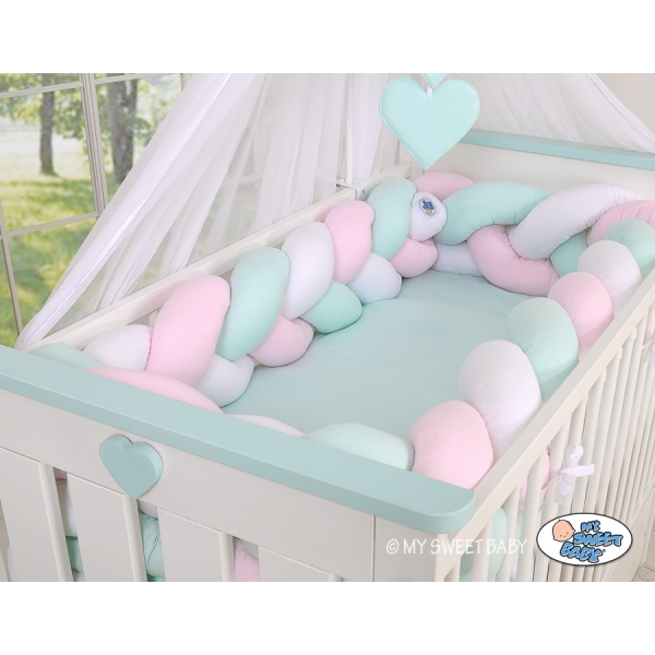 Tour de Lit Bébé Tressé Extra Long 3,6m Menthe Rose Blanc