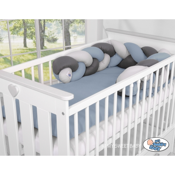 Tour de Lit Bébé Tressé Fille et Garçon Gris Anthracite Bleu Pastel