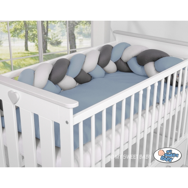 Tour de Lit Bébé Tressé Fille et Garçon Gris Anthracite Bleu Pastel