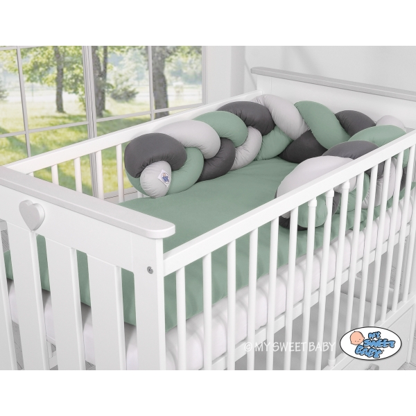 Tour de Lit Bébé Tressé Fille et Garçon Gris Vert Pastel Anthracite