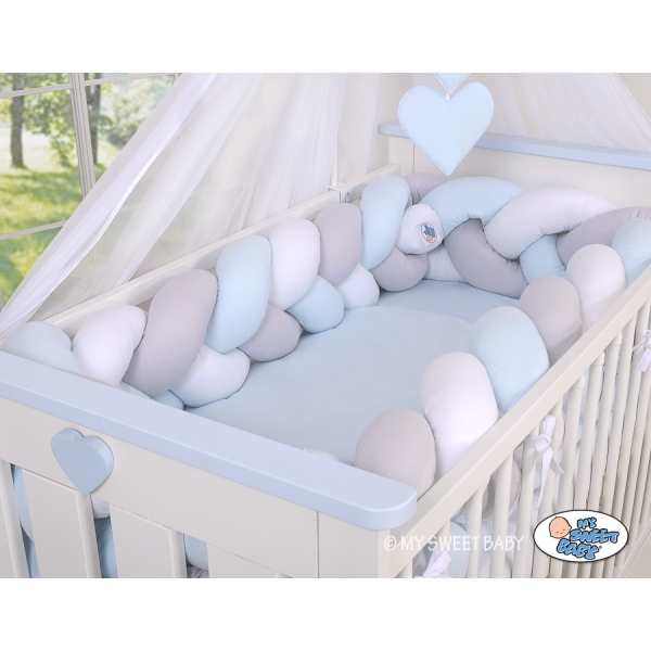 Tour de Lit Bébé Tressé XXL Blanc Gris Bleu