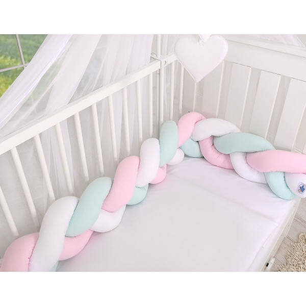 Tour de Lit Tressé 1,8m Menthe Rose Blanc