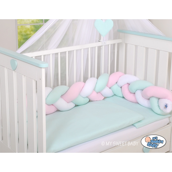 Tour de Lit Tressé 1,8m Menthe Rose Blanc