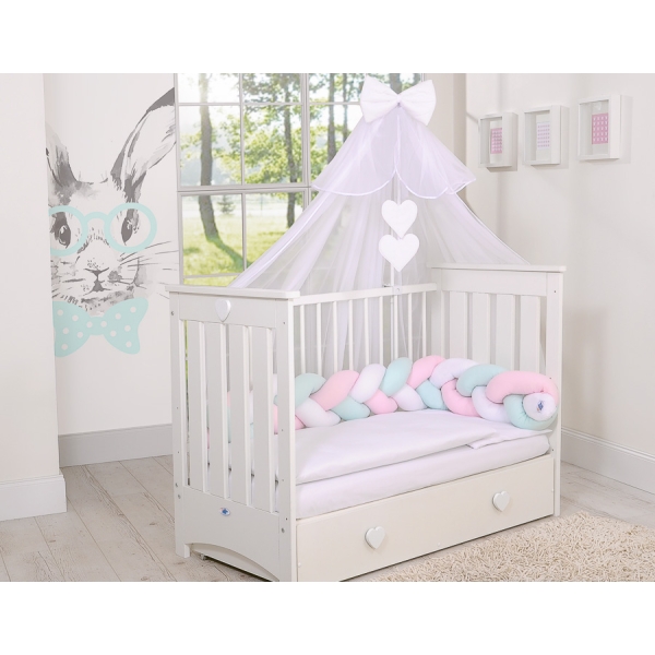 Tour de Lit Tressé 1,8m Menthe Rose Blanc