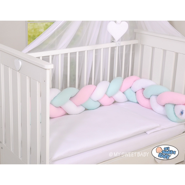 Tour de Lit Tressé 1,8m Menthe Rose Blanc